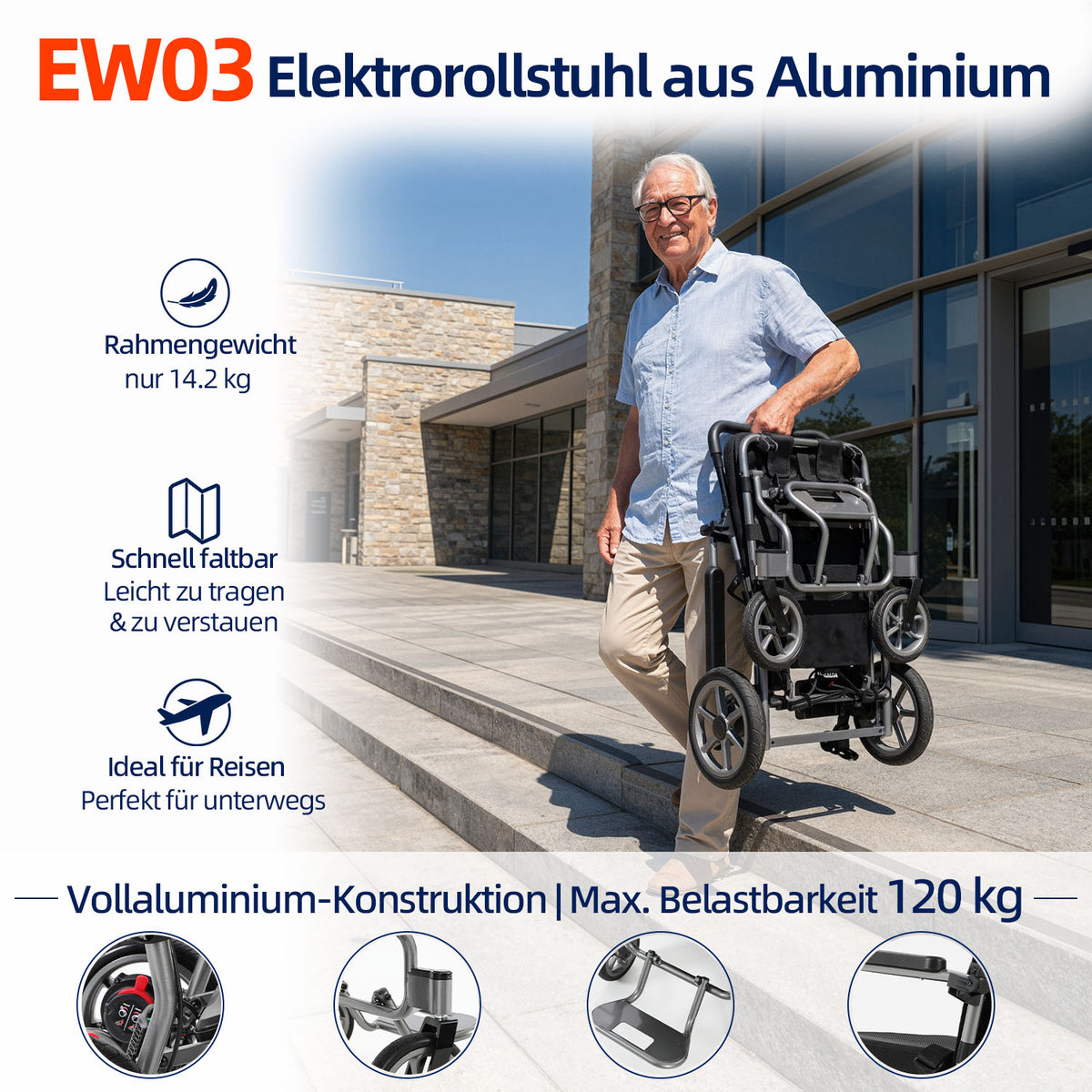 Ecomobi EW03 Elektrorollstuhl aus Aluminiumlegierung – Faltbarer, leichter Elektrorollstuhl für Senioren mit 120 kg Tragfähigkeit
