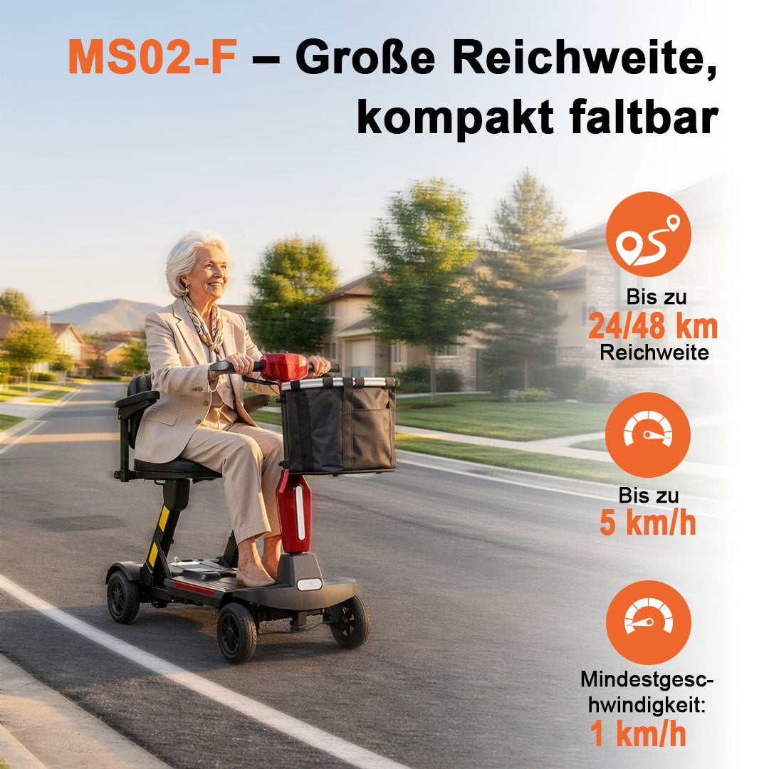 Ecomobi MS02-F Faltbares Elektromobil für Senioren – 24 km Reichweite | 150 kg Tragfähigkeit | Flugtauglich