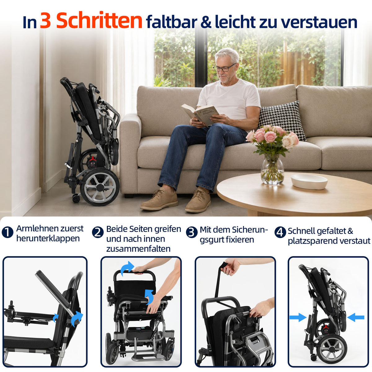 Ecomobi EW03 Elektrorollstuhl aus Aluminiumlegierung – Faltbarer, leichter Elektrorollstuhl für Senioren mit 120 kg Tragfähigkeit