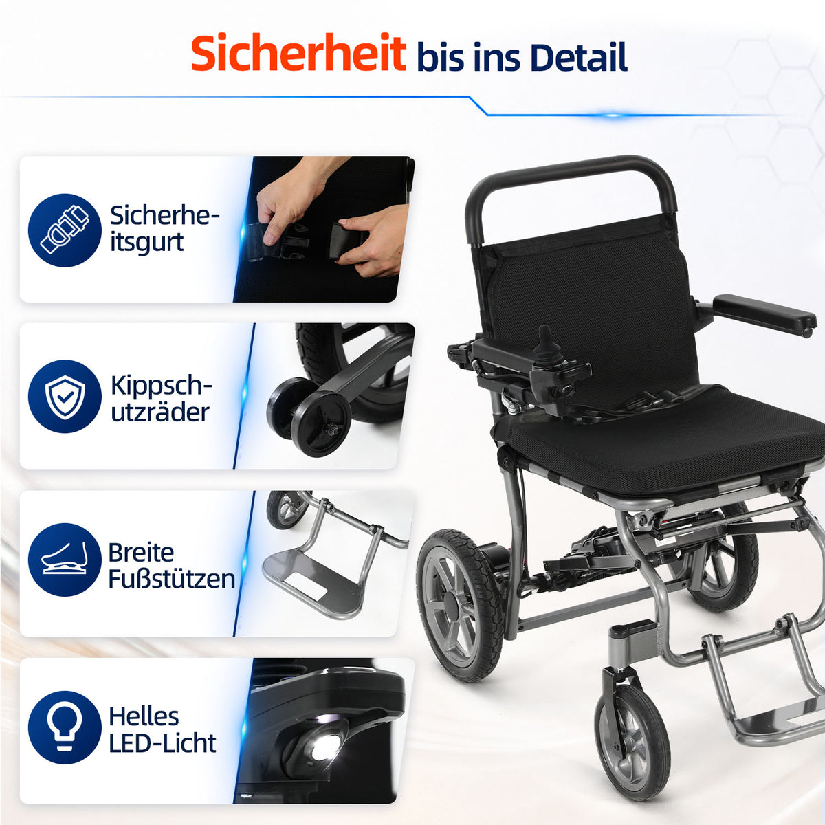 Ecomobi EW03 Elektrorollstuhl aus Aluminiumlegierung – Faltbarer, leichter Elektrorollstuhl für Senioren mit 120 kg Tragfähigkeit
