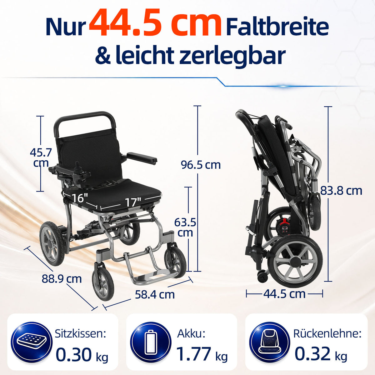 Ecomobi EW03 Elektrorollstuhl aus Aluminiumlegierung – Faltbarer, leichter Elektrorollstuhl für Senioren mit 120 kg Tragfähigkeit