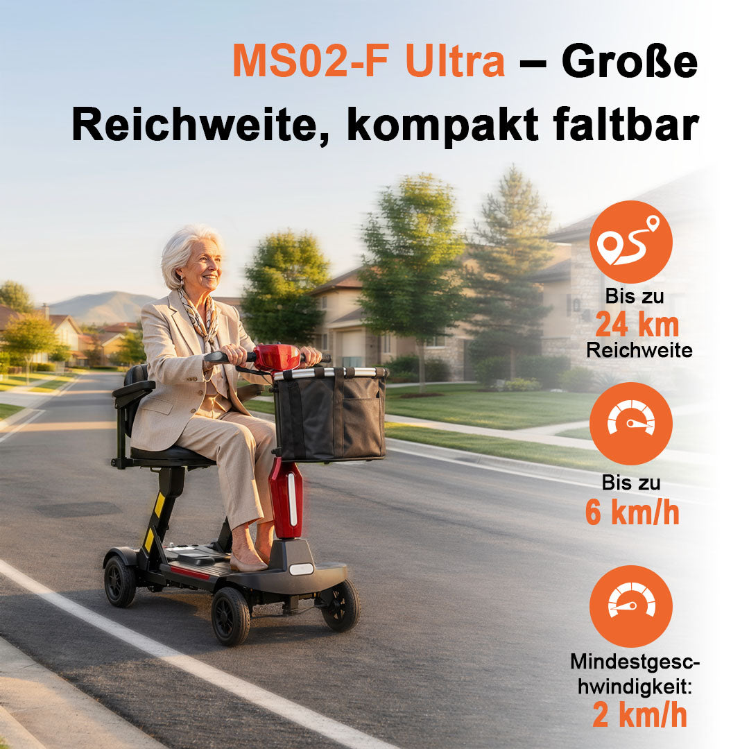 Ecomobi MS02F-Ultra Automatisch faltbarer Elektroroller für Senioren – 24 km Reichweite | 150 kg Tragfähigkeit | Flugtauglich