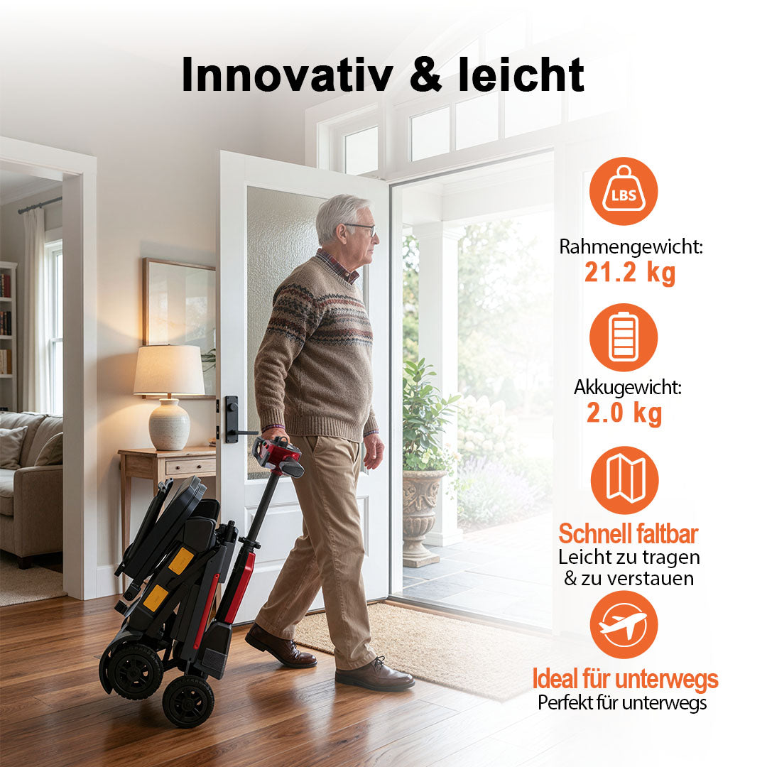 Ecomobi MS02F-Ultra Automatisch faltbarer Elektroroller für Senioren – 24 km Reichweite | 150 kg Tragfähigkeit | Flugtauglich