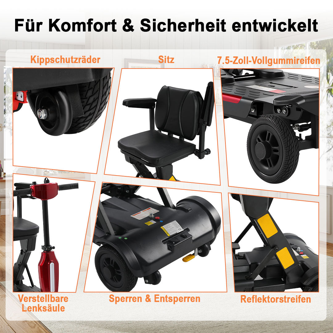 Ecomobi MS02F-Ultra Automatisch faltbarer Elektroroller für Senioren – 24 km Reichweite | 150 kg Tragfähigkeit | Flugtauglich